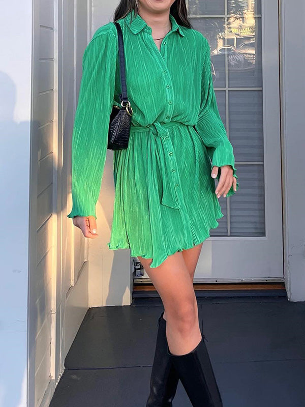 Long Sleeves Loose Buttoned Solid Color Tied Waist Lapel Mini Dresses