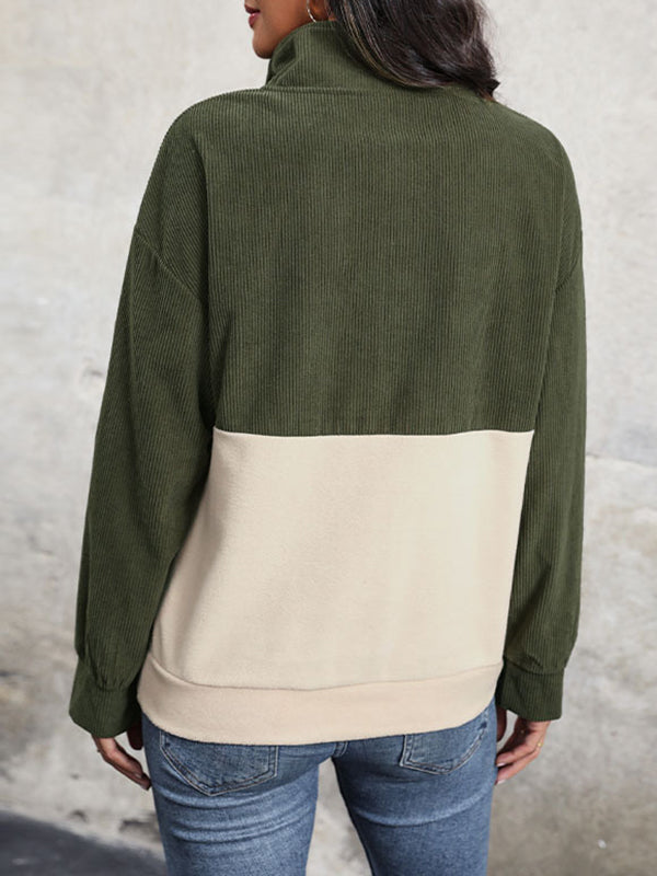 Long Sleeves Loose Buttoned Contrast Color Split-Joint Stand Collar Sweatshirt Tops