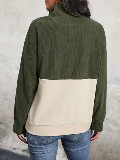Long Sleeves Loose Buttoned Contrast Color Split-Joint Stand Collar Sweatshirt Tops