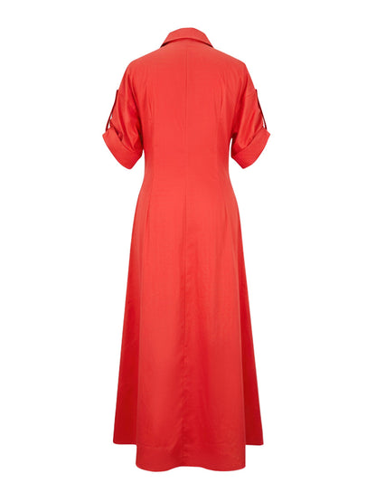A-Line High Waisted Pleated Solid Color V-Neck Maxi Dresses Shirt Dress