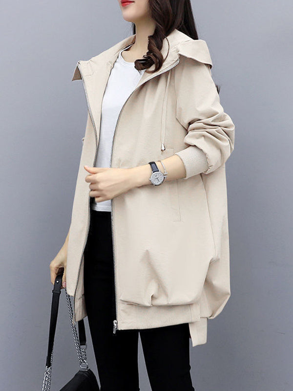 Casual Loose 4 Colors Pleated Zipper Hooded Long Sleeves Outwear