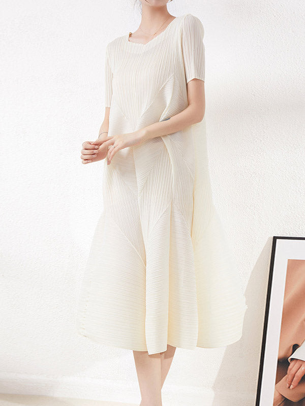 High Waisted Loose Pleated Solid Color Round-Neck Midi Dresses
