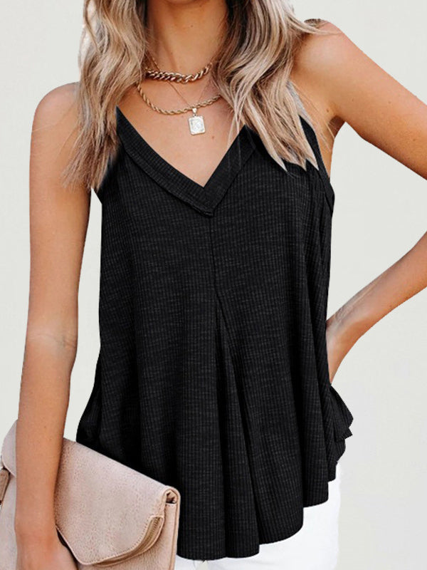 Loose Sleeveless Pleated Solid Color V-Neck Vest Top