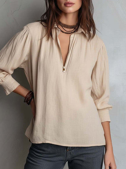 Long Sleeves Loose Pleated Solid Color Zipper Lapel Blouses&Shirts Tops