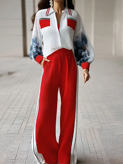 High Waisted Loose Contrast Color Pleated Pockets Split-Joint Striped Pants Trousers