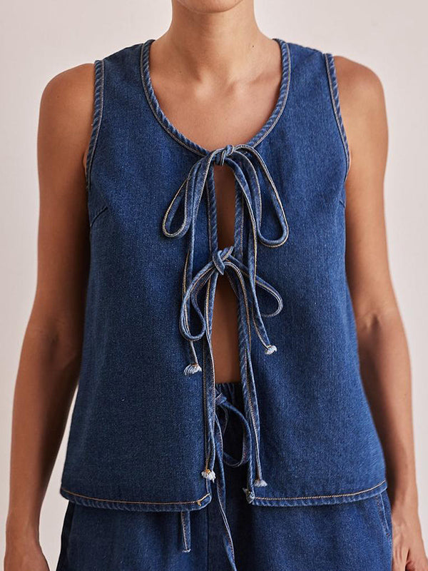 Loose Sleeveless Lace-Up Split-Joint Round-Neck Vest Top