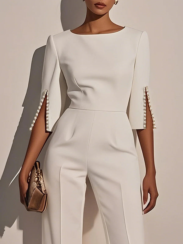 Loose Solid Color Split-Joint Round-Neck Jumpsuits