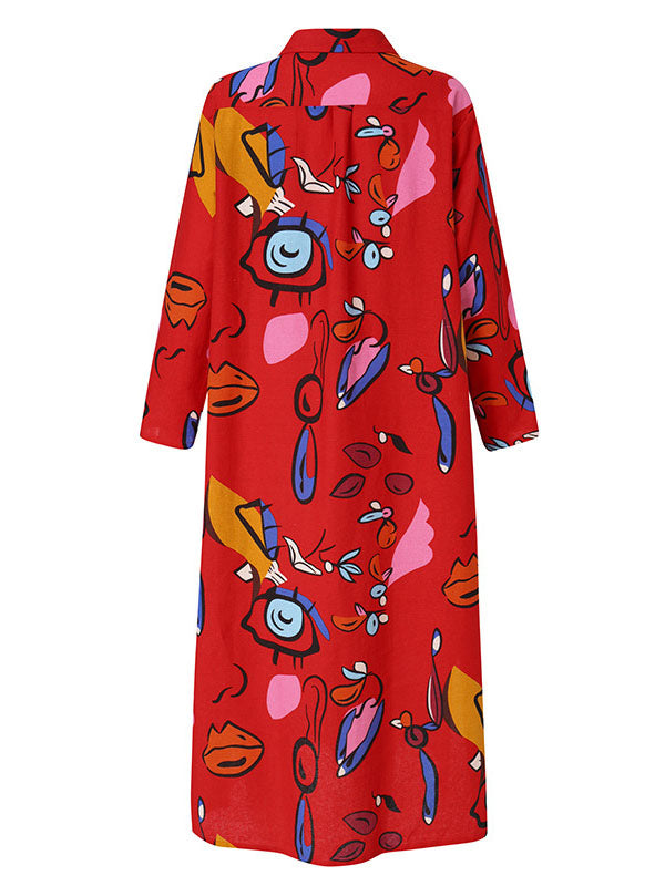 Long Sleeves Loose Buttoned Pockets Printed Lapel Maxi Dresses Shirt Dress