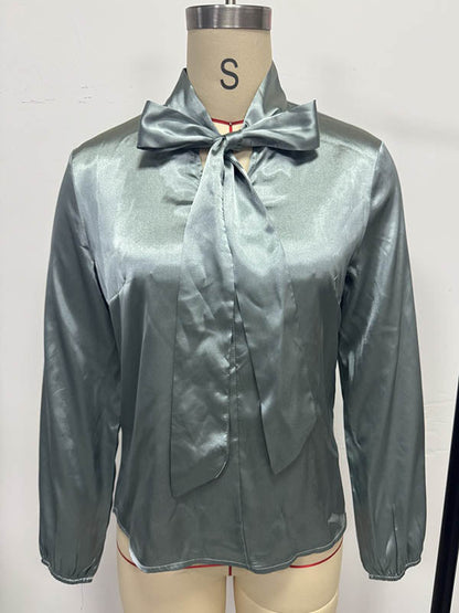 Long Sleeves Loose Bow-Embellished Pleated Solid Color Split-Joint Scarf Collar Blouses&Shirts Tops