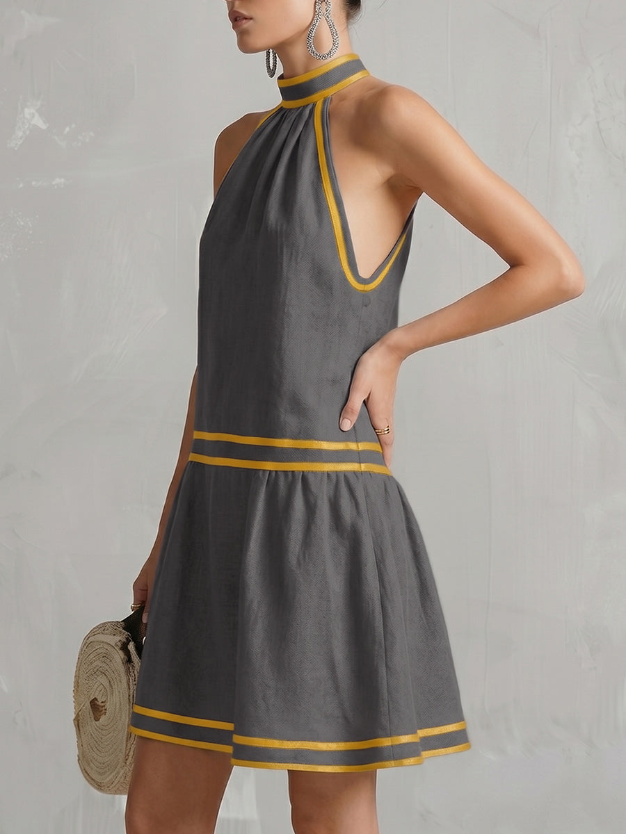 A-Line Sleeveless Contrast Color Pockets Zipper Halter-Neck Mini Dresses