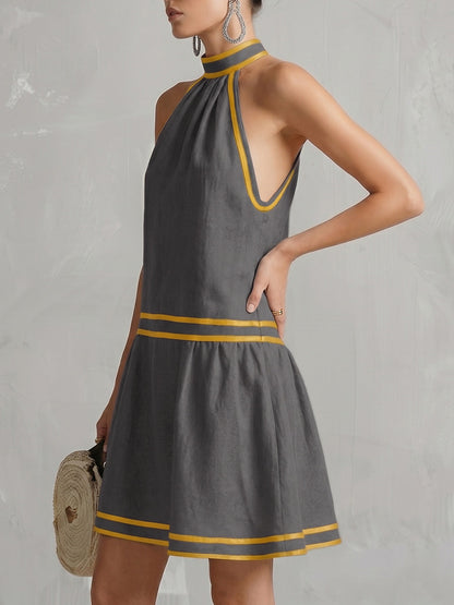 A-Line Sleeveless Contrast Color Pockets Zipper Halter-Neck Mini Dresses
