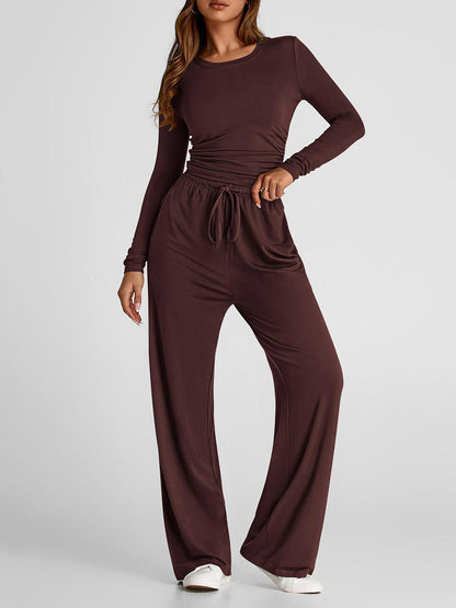 Solid Color Pleated Round-Neck T-Shirts Tops +  Elasticated Waist High Waisted Drawstring Pants Two Pieces Set