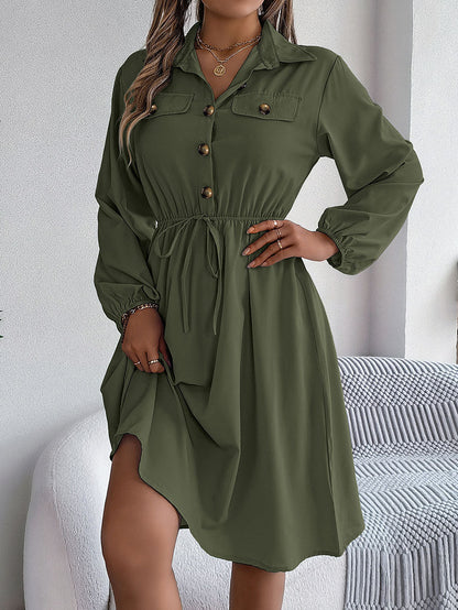 A-line Long Sleeves Buttoned Pleated Solid Color Tied Lapel Midi Dresses Shirt Dress