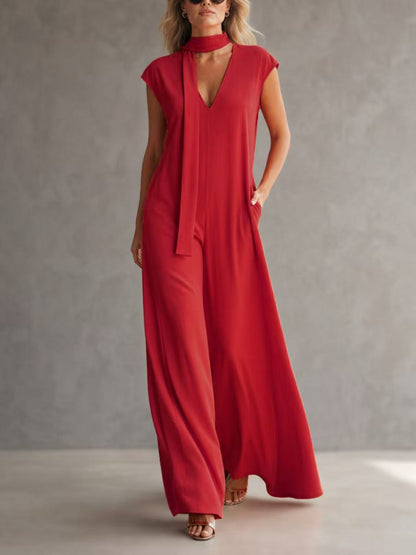 Loose Wide Leg Pockets Solid Color Streamer Deep V-Neck Jumpsuits
