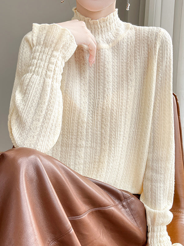 Long Sleeves Loose Elasticity Ruffle Trim Solid Color Mock Neck T-Shirts Tops