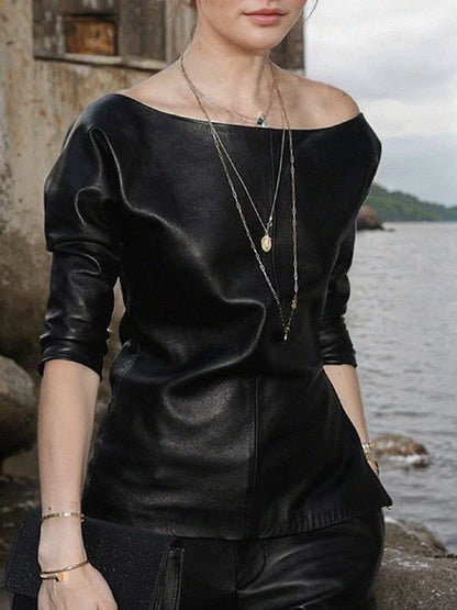 Half Sleeves Loose Solid Color Split-Joint One-Shoulder T-Shirts