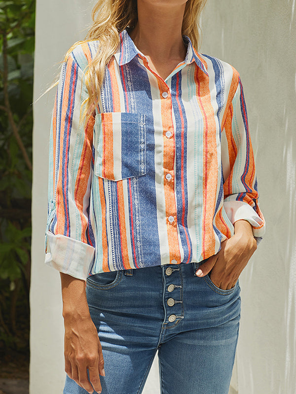 High-Low Long Sleeves Buttoned Pockets Striped Lapel Blouses&Shirts Tops