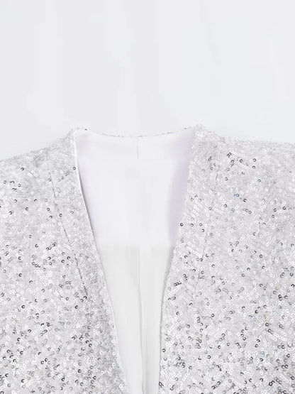 Long Sleeves Loose Sequined Shiny V-Neck Blazers Top + Shorts Bottom Two Pieces Set