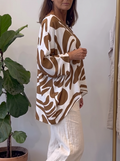 High-Low Irregularity Contrast Color Printed Round-Neck Blouses&Shirts Tops