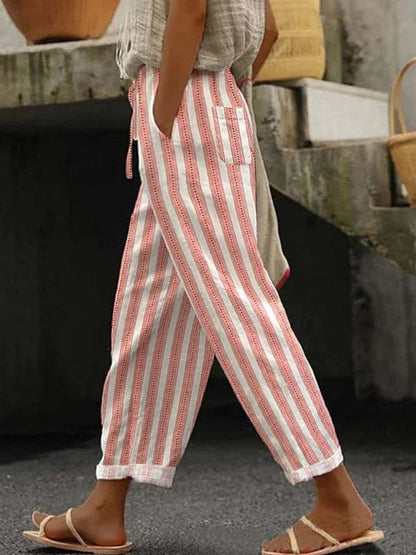 High Waisted Plus Size Contrast Color Drawstring Elasticity Pockets Printed Split-Joint Pants Trousers