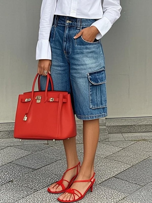 Loose Wide Leg Buttoned Pockets Jean Pants Bottoms Shorts Bottoms