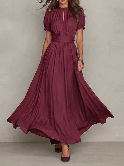 High Waisted Plus Size Buttoned Pleated Solid Color Round-neck Maxi Dresses