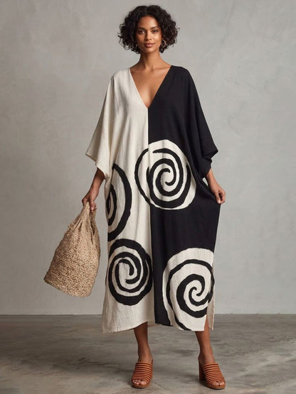 Printed Contrast Color Three-quarter Sleeves Loose Deep V-Neck Midi Dresses