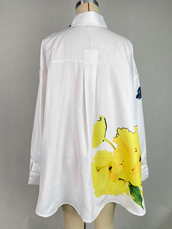 High-Low Long Sleeves Buttoned Flower Print Pockets Split-Side Stand Collar Blouses&Shirts Tops