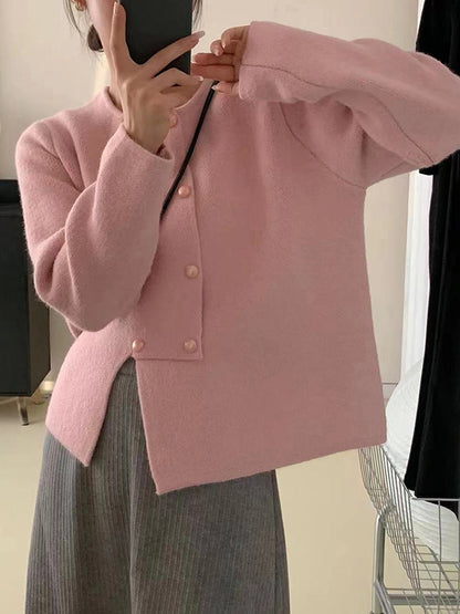 Long Sleeves Loose Asymmetric Buttoned Solid Color Split-Front Round-Neck Cardigan Tops