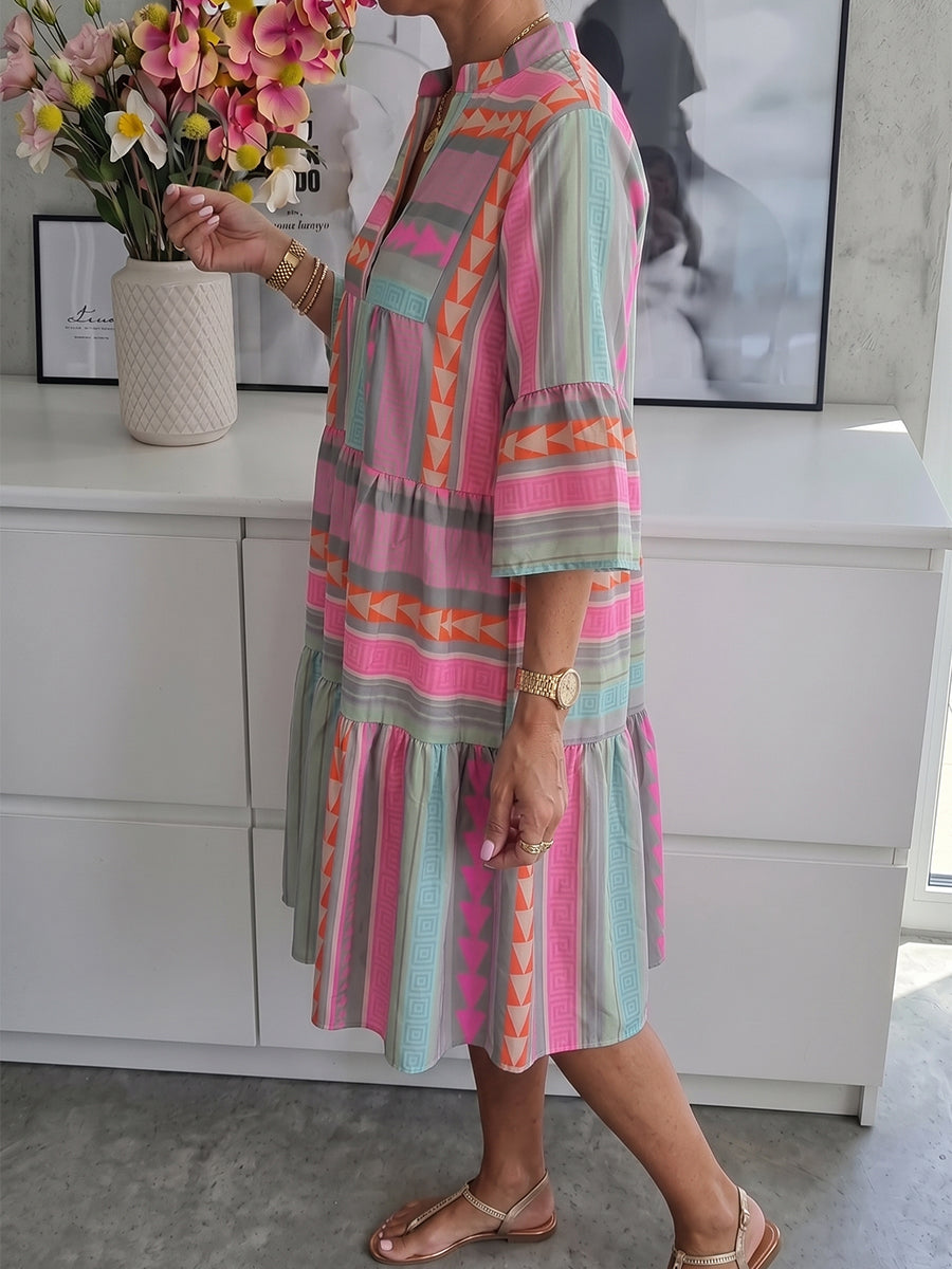 A-Line Loose Contrast Color Printed Split-Joint V-Neck Mini Dresses