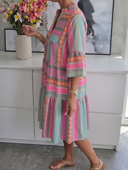 A-Line Loose Contrast Color Printed Split-Joint V-Neck Mini Dresses