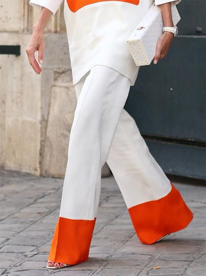 Loose Three-Quarter Sleeves Contrast Color Round-Neck T-Shirt Tops&Pants Two Pieces Set