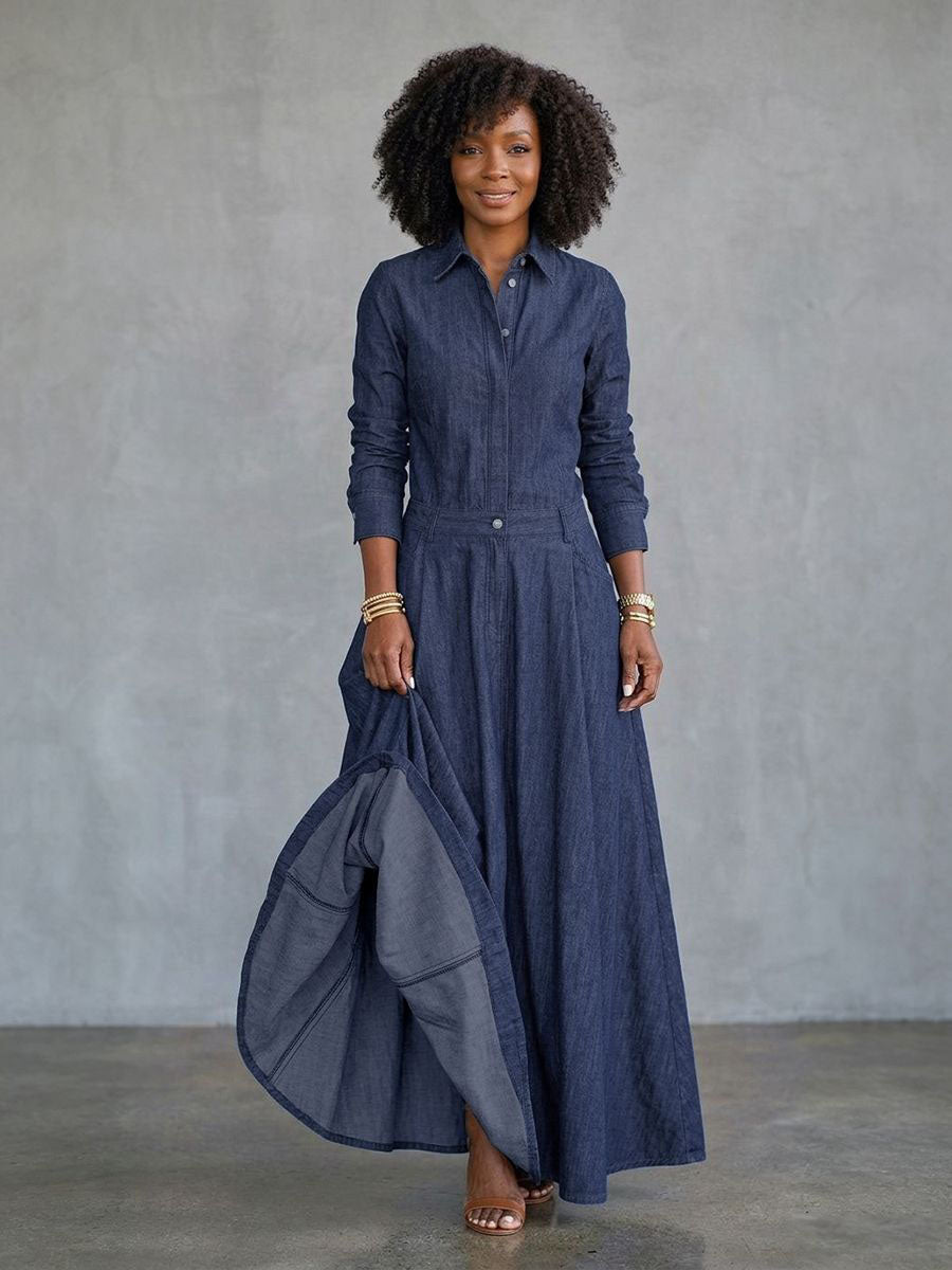 Split-Joint Solid Color Pockets Buttoned Long Sleeves High Waisted Lapel Maxi Dresses