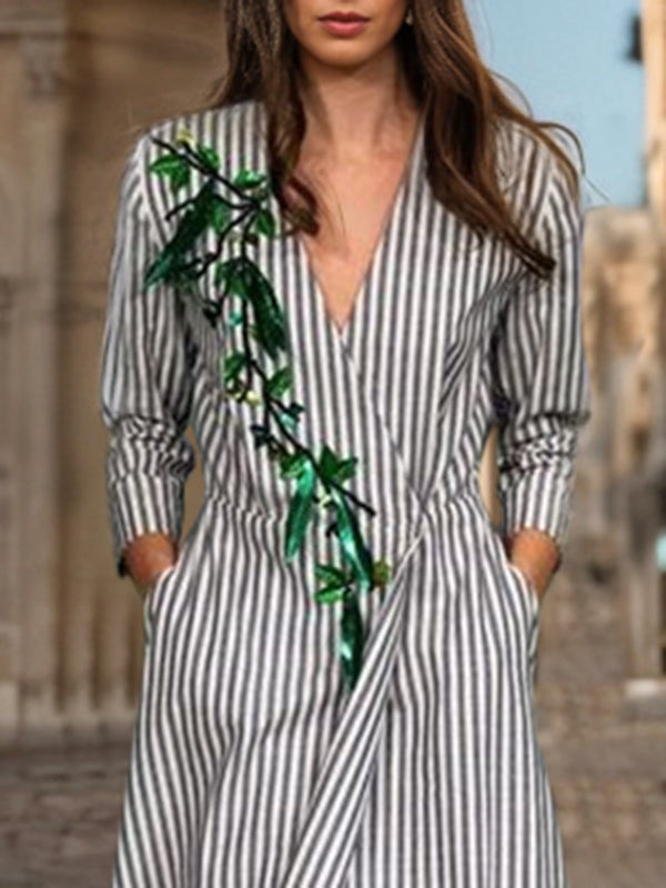 A-Line Loose Asymmetric Split-Joint Striped V-Neck Maxi Dresses Shirt Dress