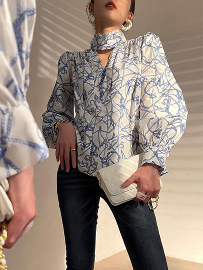 Bishop Sleeve Long Sleeves Buttoned Hollow High-Neck Blouses&Shirts Tops