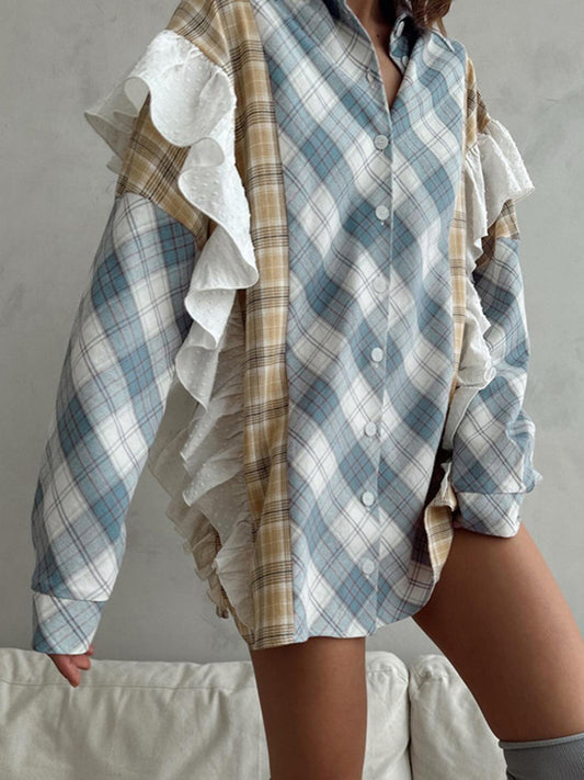 Long Sleeves Loose Buttoned Contrast Color Plaid Ruffle Trim Split-Joint Lapel Blouses&Shirts Tops