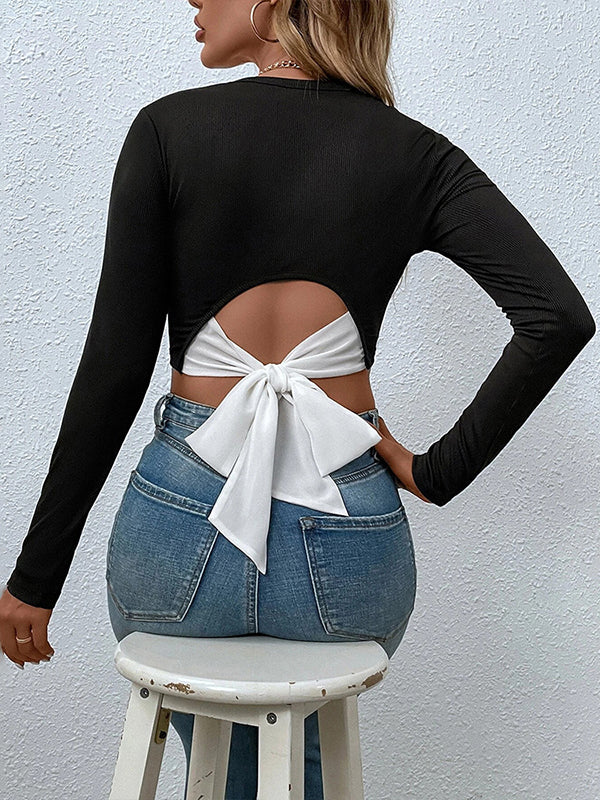 Long Sleeves Skinny Bowknot Round-Neck T-Shirts Tops