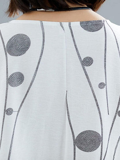 Loose Short Sleeves Printed Round-Neck Midi Dresses
