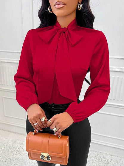 Long Sleeves Loose Bow-Embellished Pleated Solid Color Split-Joint Scarf Collar Blouses&Shirts Tops