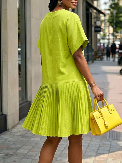 Loose Short Sleeves Pleated Solid Color Split-Joint Round-Neck Mini Dresses