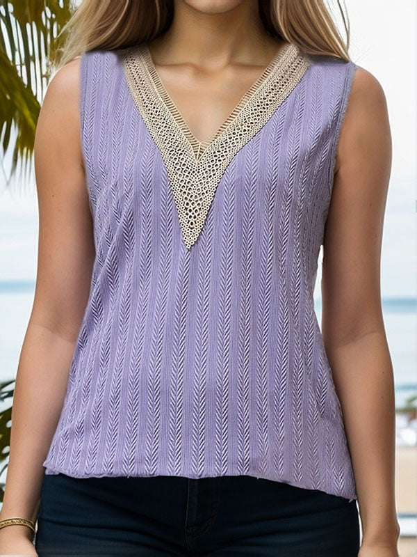 Loose Sleeveless Jacquard Split-Joint V-Neck Vest Top