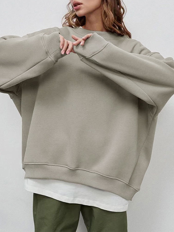 Long Sleeves Loose Solid Color Round-Neck Sweatshirt Tops