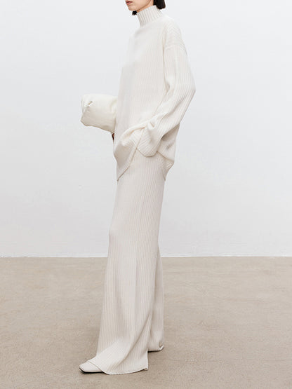 Solid Color High-Neck Long Sleeves Sweater Top + Wide Leg Pants Bottom Two Pieces Set
