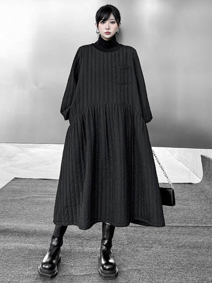 A-Line Long Sleeves Embossed Pockets Quilted Solid Color Split-Joint High Neck Midi Dresses Sweater Dresses
