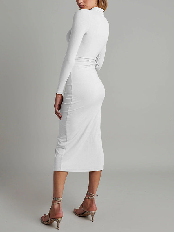 High Waisted Long Sleeves Buttoned Solid Color Lapel Midi Dresses