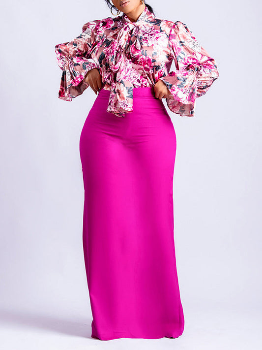 Long Sleeves Floral Printed Blouse + Split-Back Solid Color Skirt Two Pieces Set