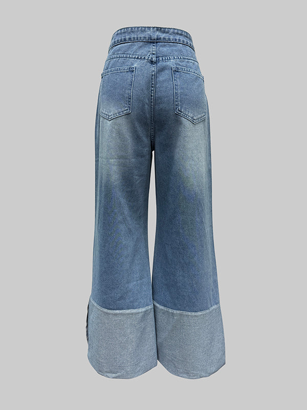 High Waisted Wide Leg Contrast Color Pockets Jean Pants Bottoms