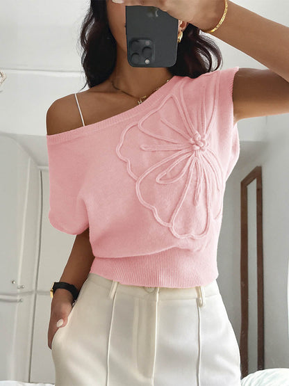 Short Sleeves Flower-Embellished Solid Color Split-Joint One-Shoulder Sweater Tops