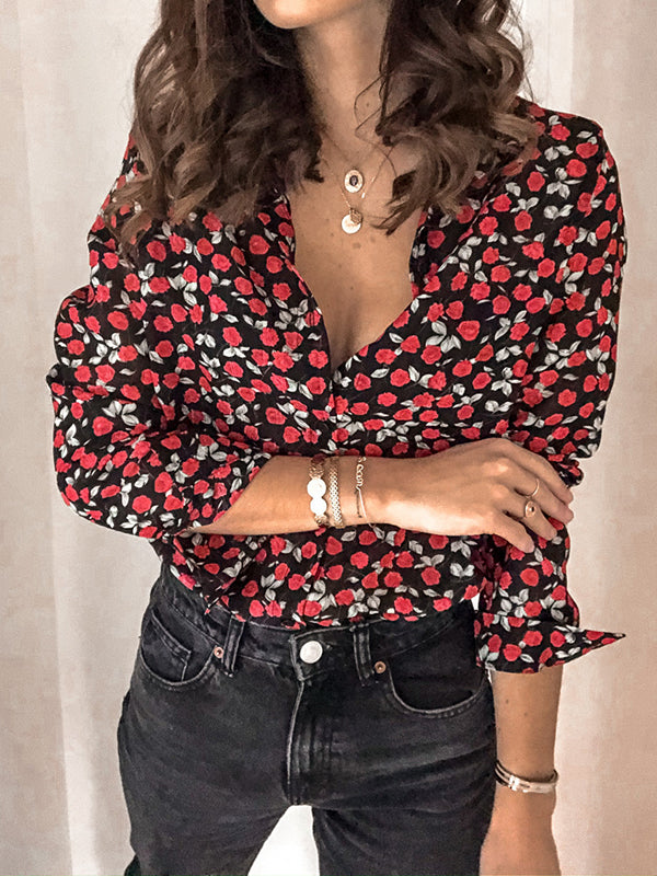 Long Sleeves Loose Buttoned Flower Print Lapel Blouses&Shirts Tops