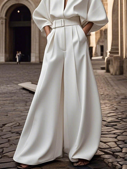 Half Sleeves Loose No Belt Solid Color Deep V-Neck Jumpsuits